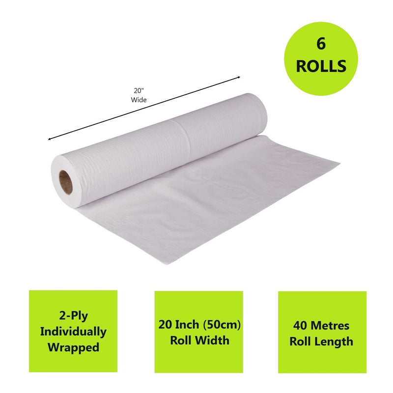 6 x White Couch Roll 20 Inch - 2 Ply - 40m x 500mm - CASE OF 6 ROLLS