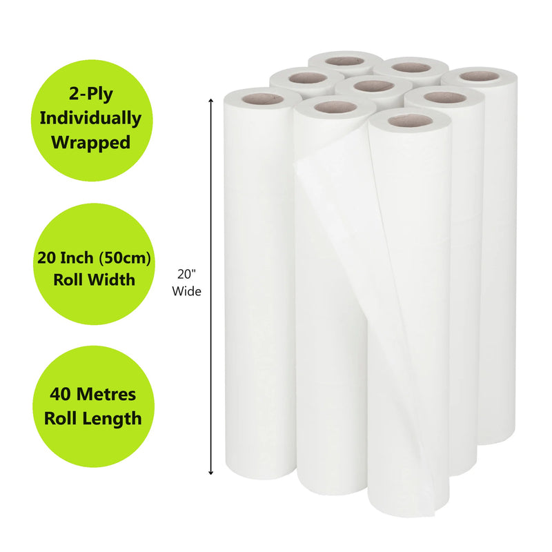 White Couch Roll 20 Inch - 2 Ply - 40m x 500mm - CASE OF 9 ROLLS